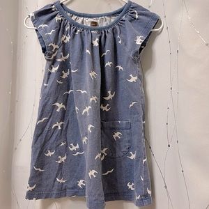 GUC Tea Co | blue tunic shift dress with pocket, white birds pattern